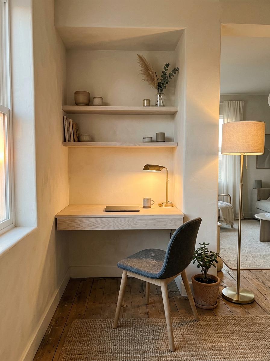 Neutral Tones Define This Small Japandi Office Nook