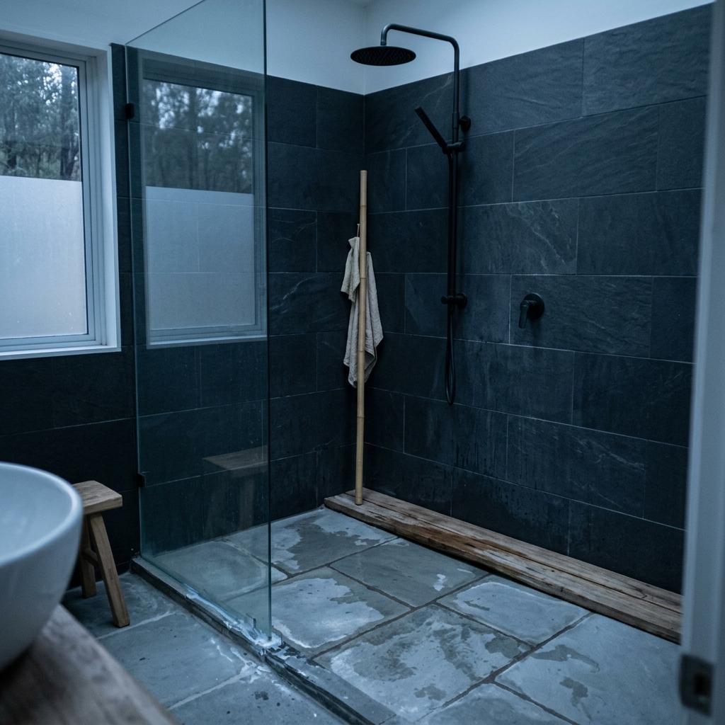 Organic Materials Define This Japandi Bathroom Shower Concept