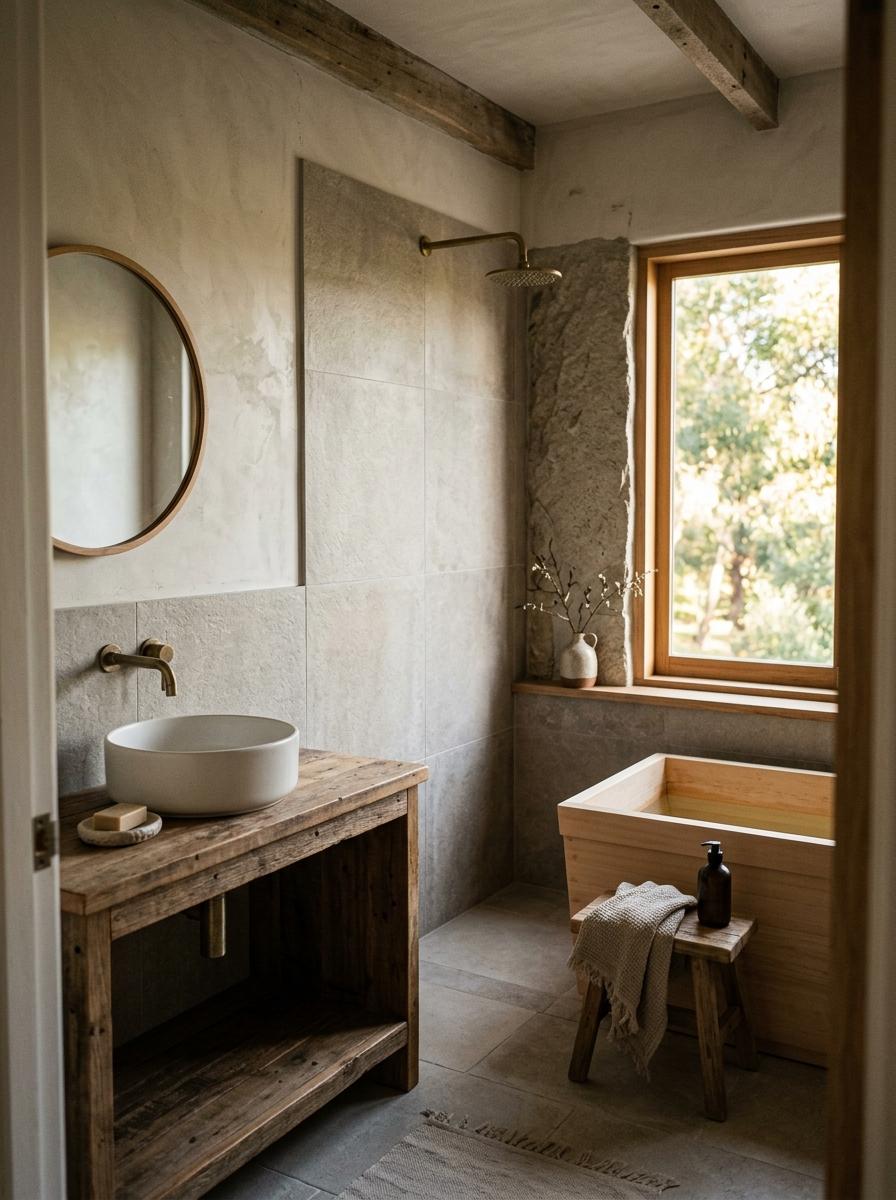 Organic Materials Meet Function In This Japandi Bathroom