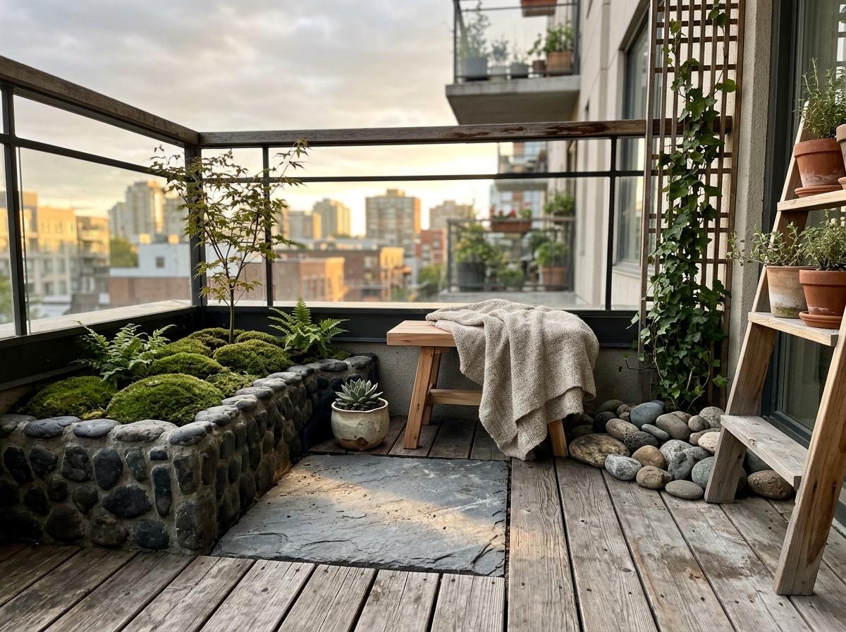 Organic Textures Define This Modern Japandi Balcony Garden