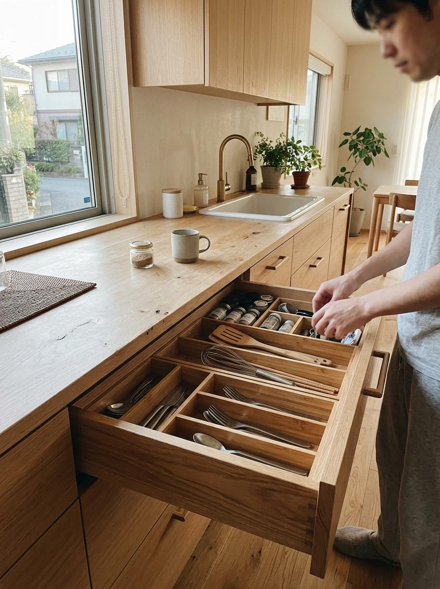 Organize Your Daily Life Using Seamless Japandi Kitchen Drawers