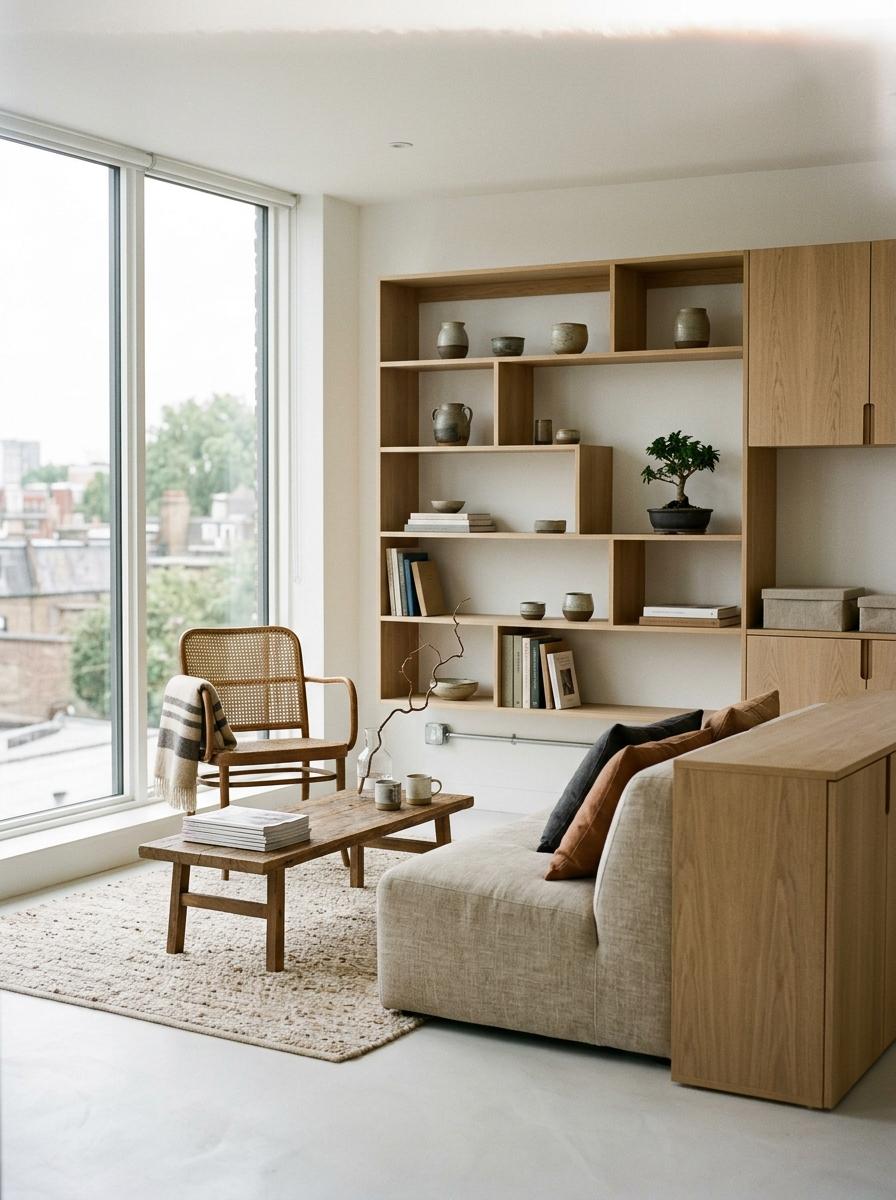 Organized Elegance In A Refined Japandi Living Room Space