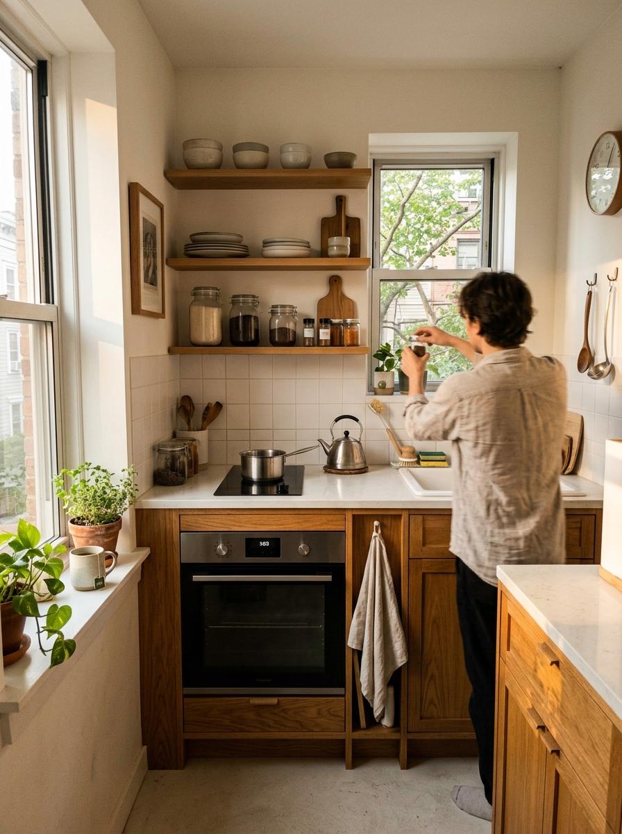 Organized Living Inside Small Japandi Kitchen Layout