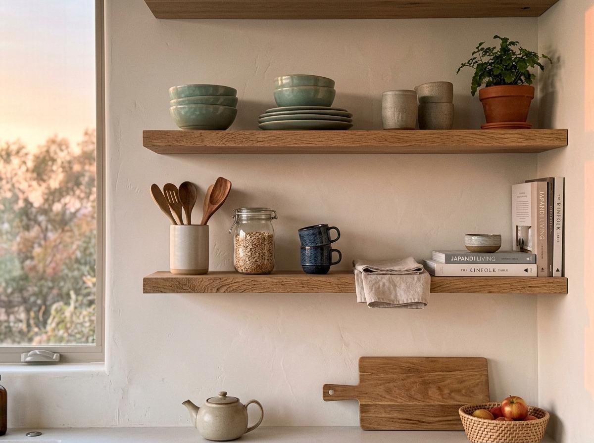 Organized Living With Japandi Kitchen Open Shelving Displays