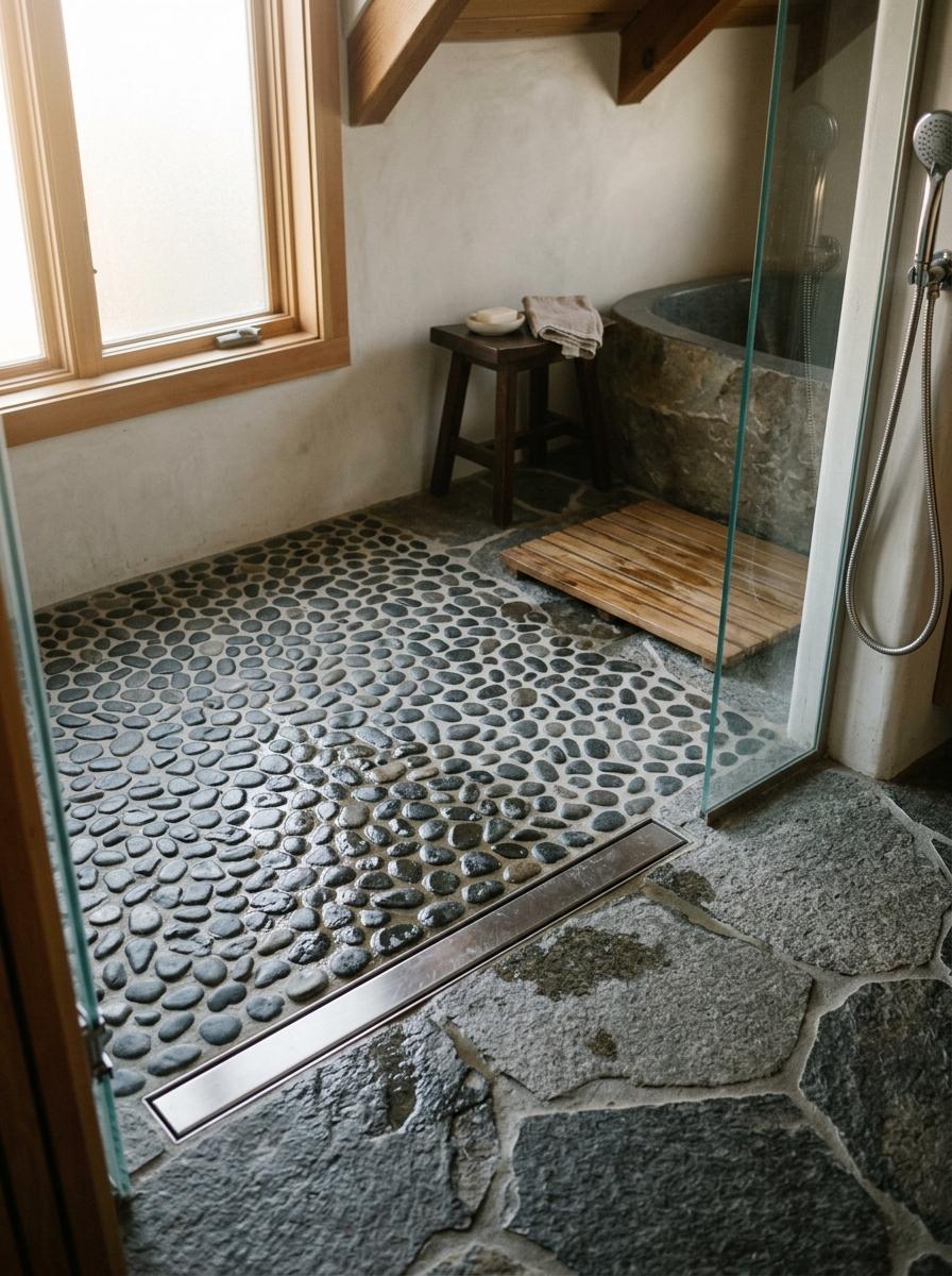 Pebble Flooring And Stone Details In Japandi Bathroom Spaces