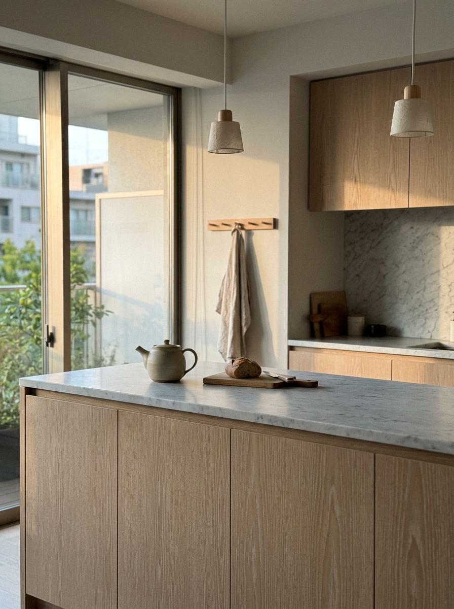 Quiet Elegance Captured Through A Minimalist Japandi Kitchen Design