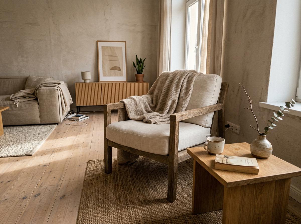 Refined Comfort Found In A Modern Organic Japandi Living Room