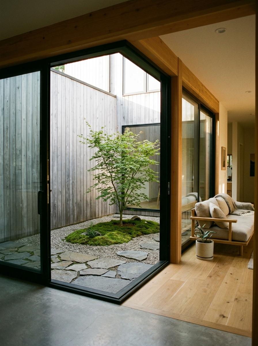 Refined Living Areas That Feature Japandi Courtyard Design