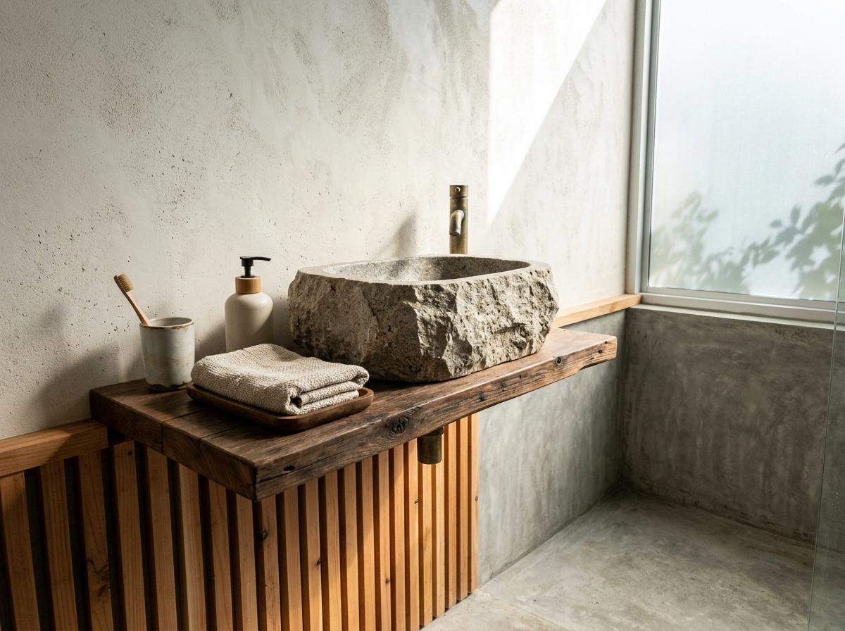 Refined Textures In A Simple Japandi Bathroom Space