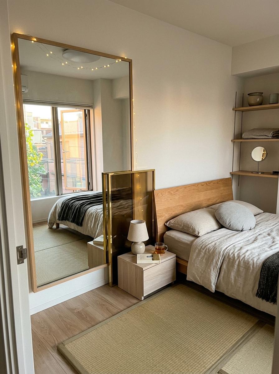 Reflective Surfaces To Open Up A Japandi Small Bedroom