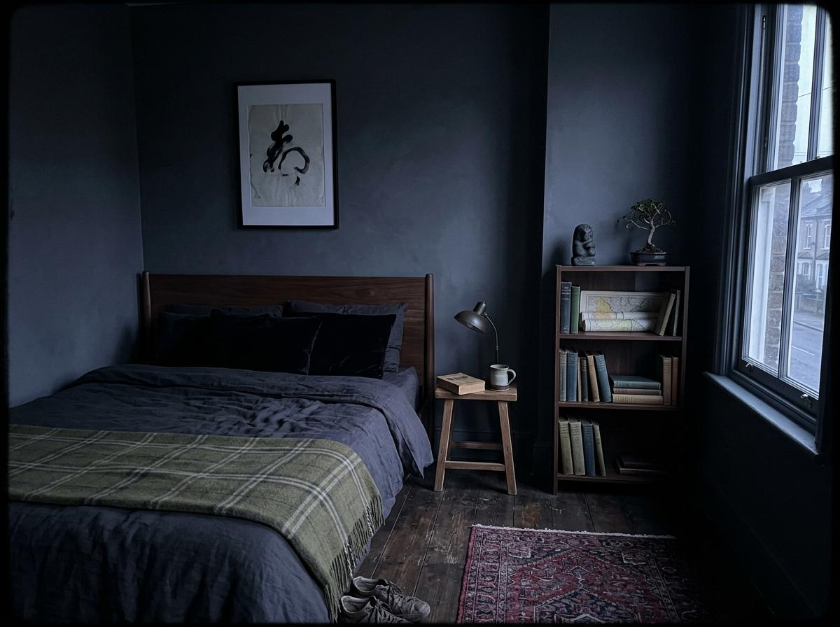 Rich Dark Academy Bedroom With Japandi Minimalist Vibes