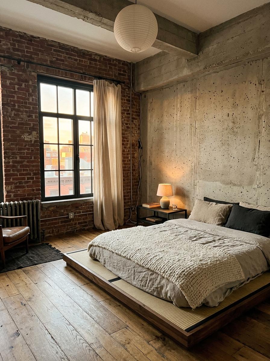Rustic Industrial Bedroom With A Japandi Style Twist