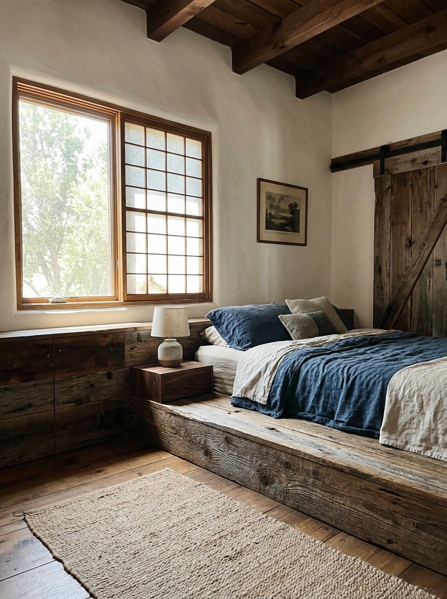 Rustic Wood Elements Define This Vintage Japandi Bedroom