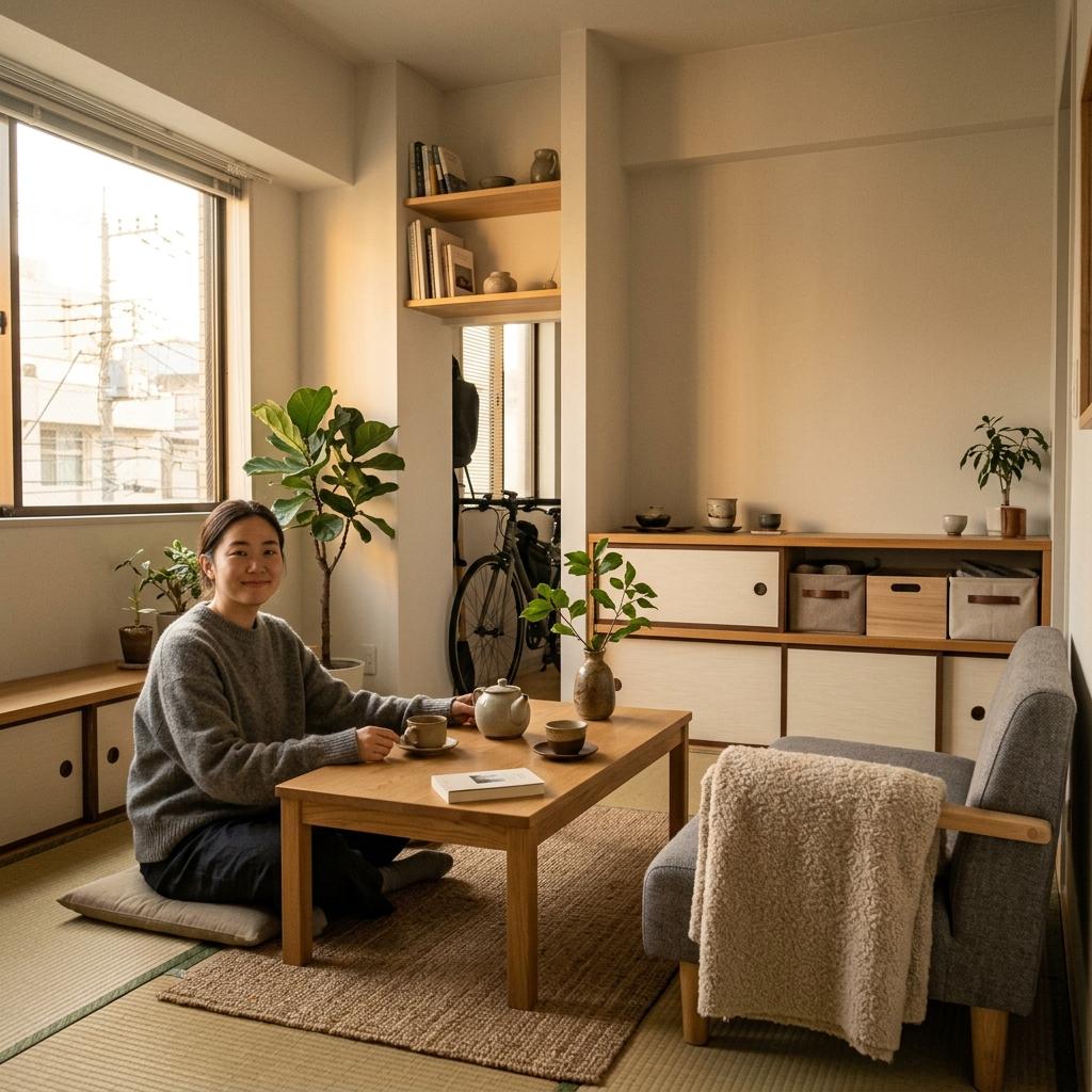 Scandinavian Influence Meets Japanese Utility In A Small Japandi Living Room