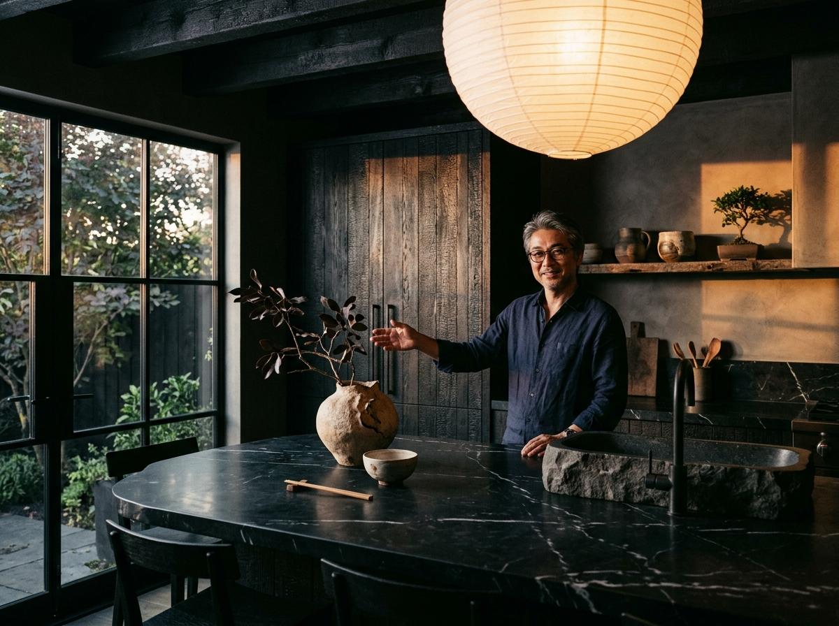 Sculptural Elements In A Moody Dark Japandi Kitchen