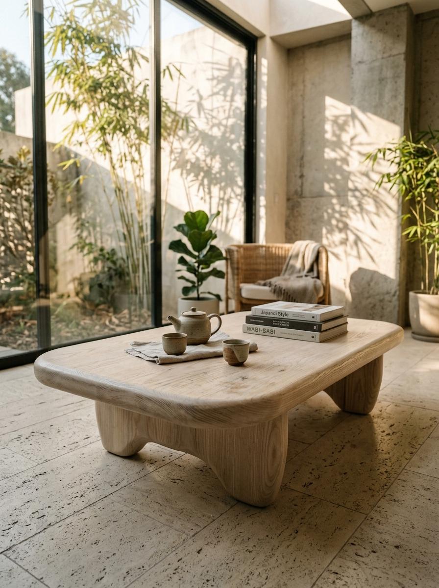 Sculptural Japandi Coffee Table In Light Timber Finish Style