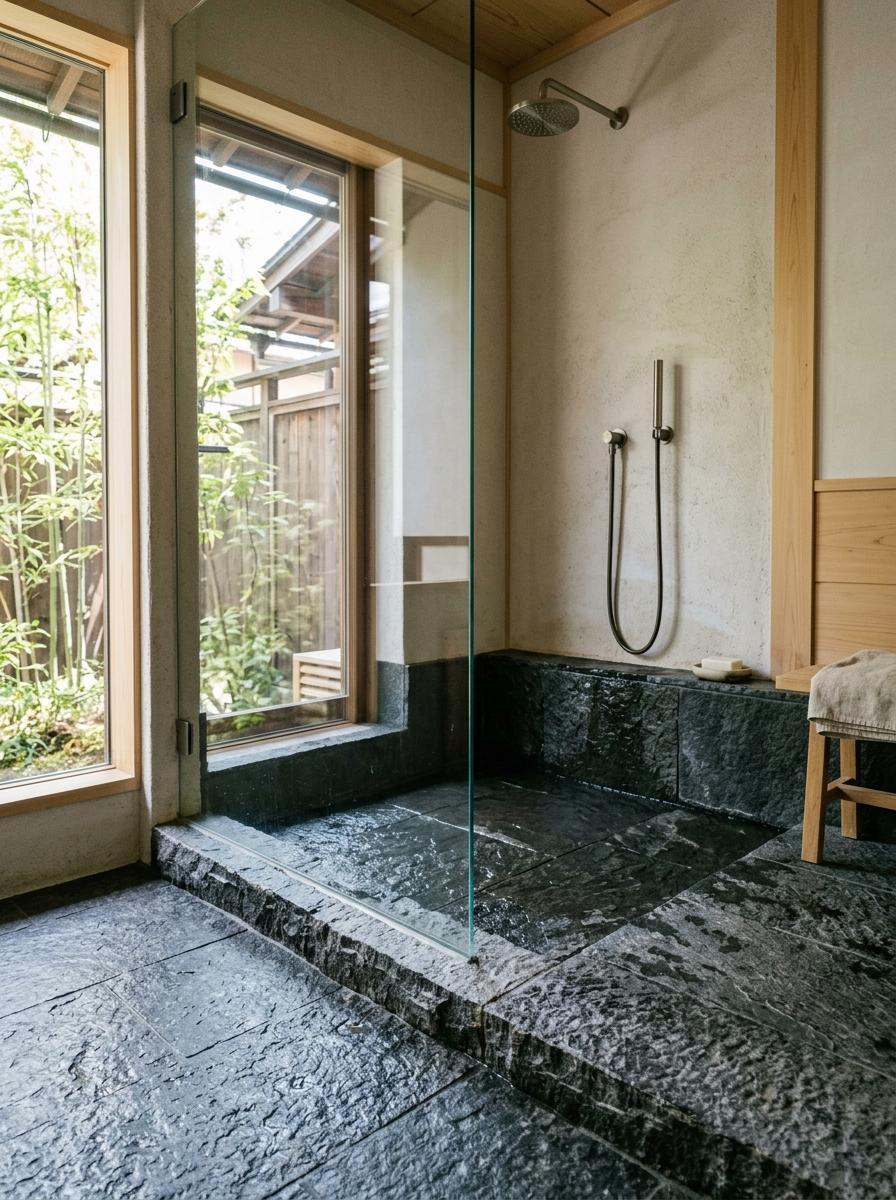 Seamless Glass Meets Stone In This Japandi Bathroom Shower