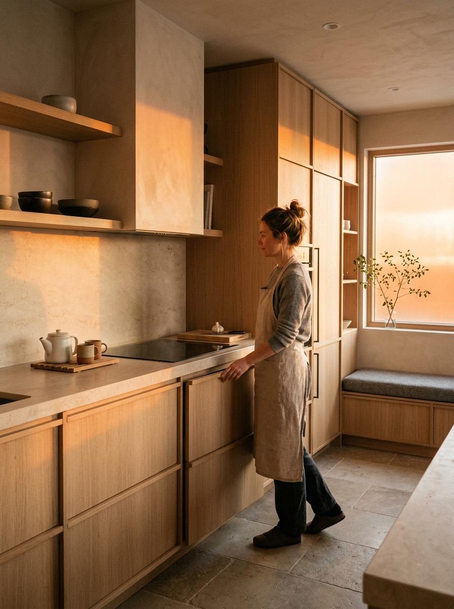 Seamless Integration Of Essentials In A Japandi Kitchen