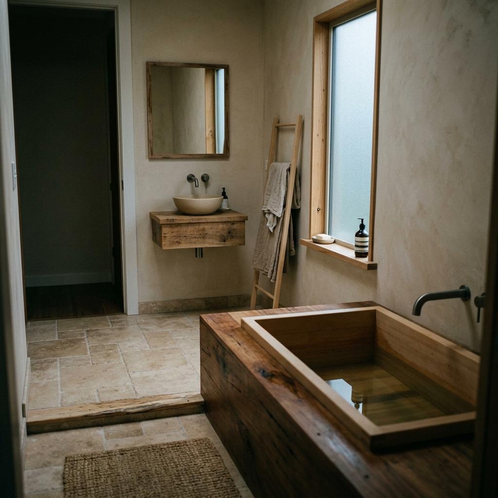 Simple Lines Create An Earth Tone Japandi Bathroom Escape