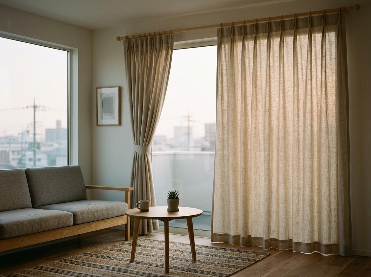 Simple Pleated Designs For Japandi Living Room Curtains