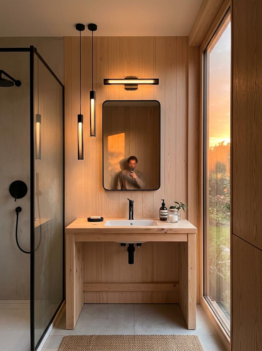 Sleek Black Accents In Contemporary Japandi Bathroom Lighting