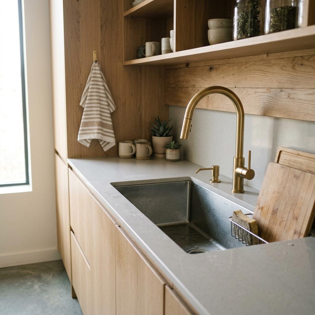 Sleek Brushed Gold Fixtures In A Japandi Inspired Kitchen