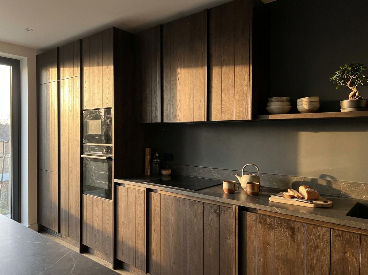 Sleek Cabinetry For A Polished Dark Japandi Kitchen Look