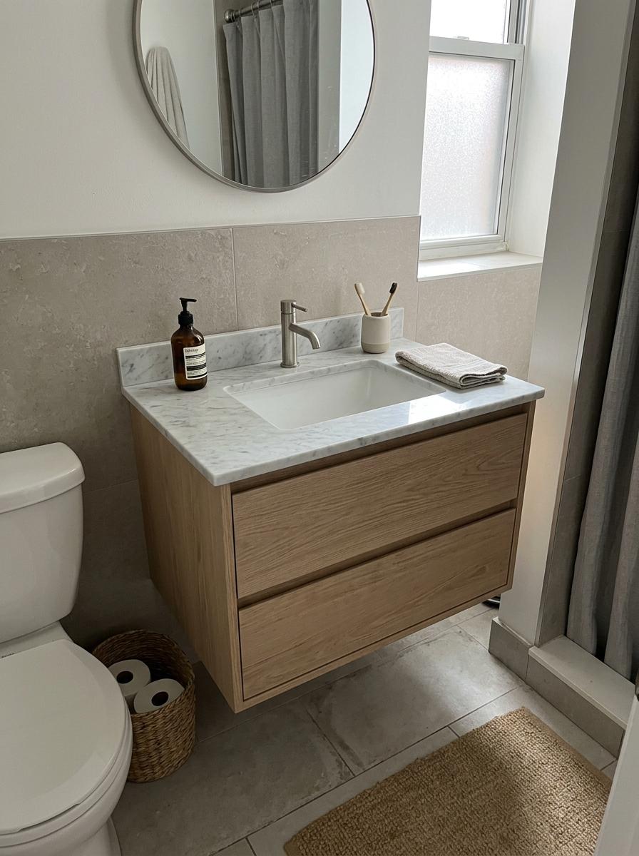 Small Bathroom Solutions Featuring A Japandi Bathroom Vanity