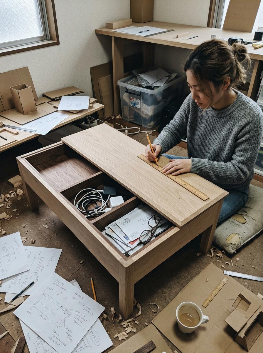 Smart Japandi Coffee Table Design With Integrated Storage Space