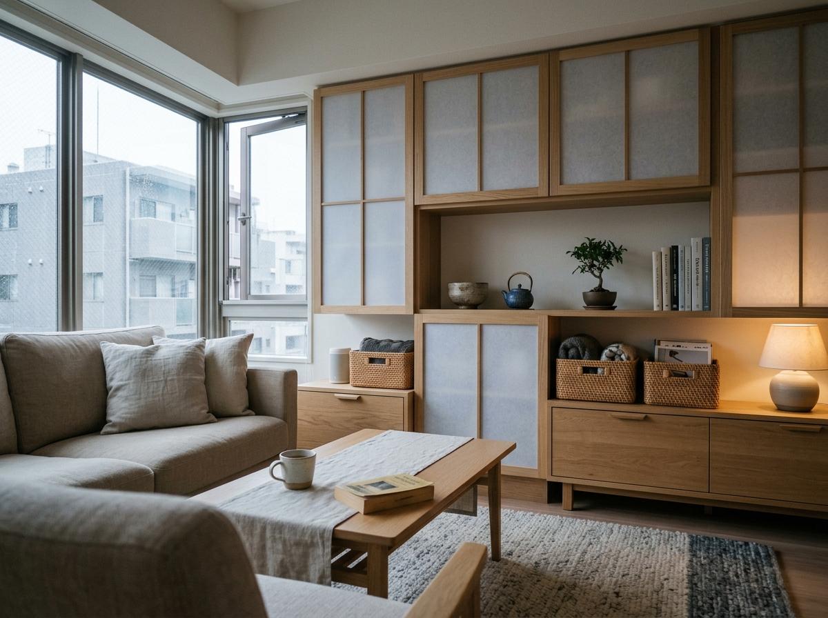 Smart Storage Solutions Within A Modern Japandi Living Room