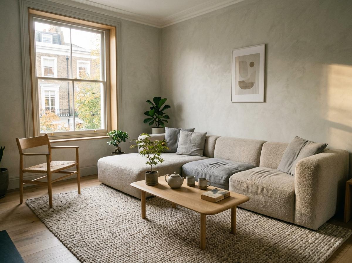 Soft Grays And Beiges Shape This Unique Japandi Living Room Aesthetic