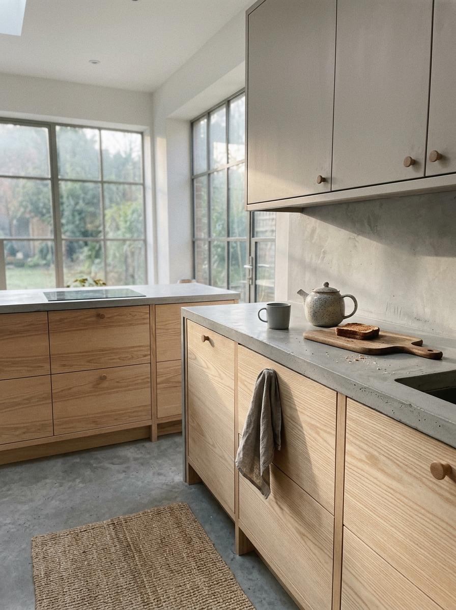 Soft Greys And Natural Wood In A Japandi Kitchen Design