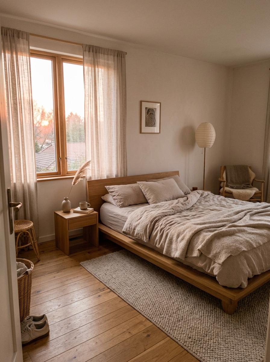 Soft Hues And Wooden Tones In A Japandi Scandinavian Bedroom