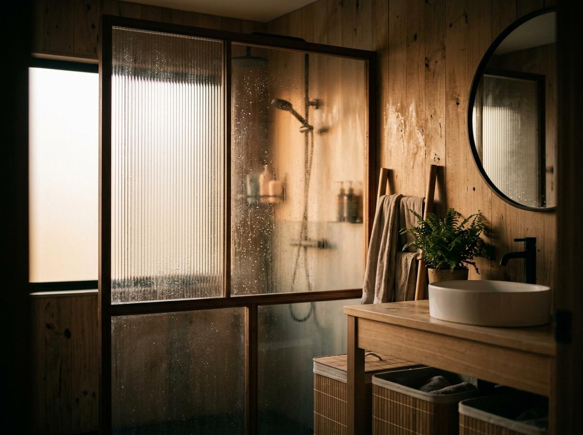Soft Lighting And Textured Glass For Japandi Bathroom Style