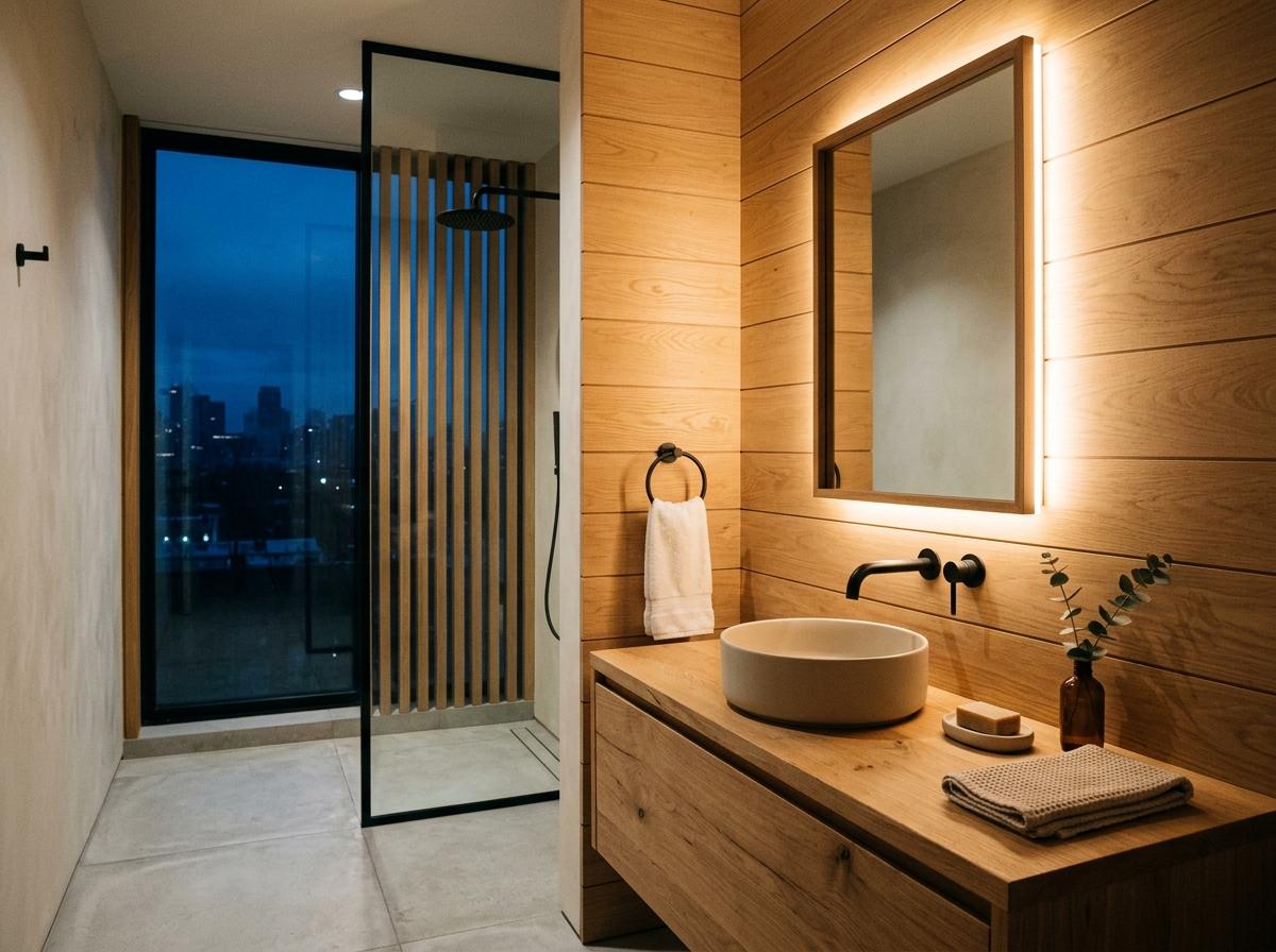 Soft Lighting Meets Clean Lines In This Japandi Bathroom