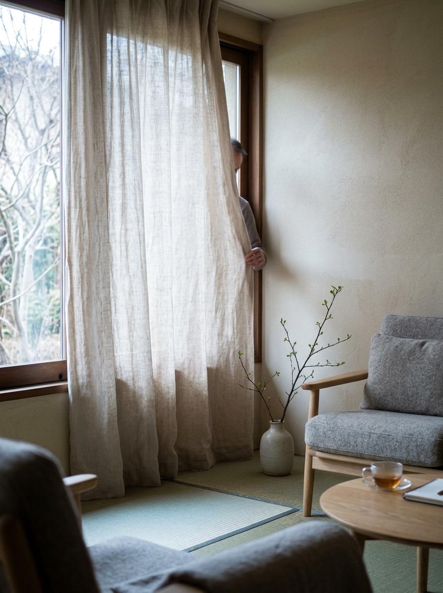 Soft Neutral Palettes For Japandi Living Room Curtains