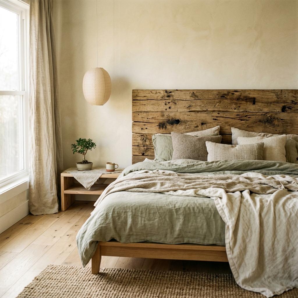 Soft Textures Meet Reclaimed Wood In This Rustic Japandi Bedroom