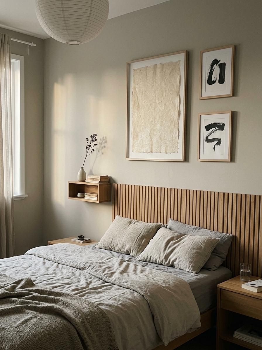 Soft Tones And Clean Lines In Japandi Bedroom Wall Decor