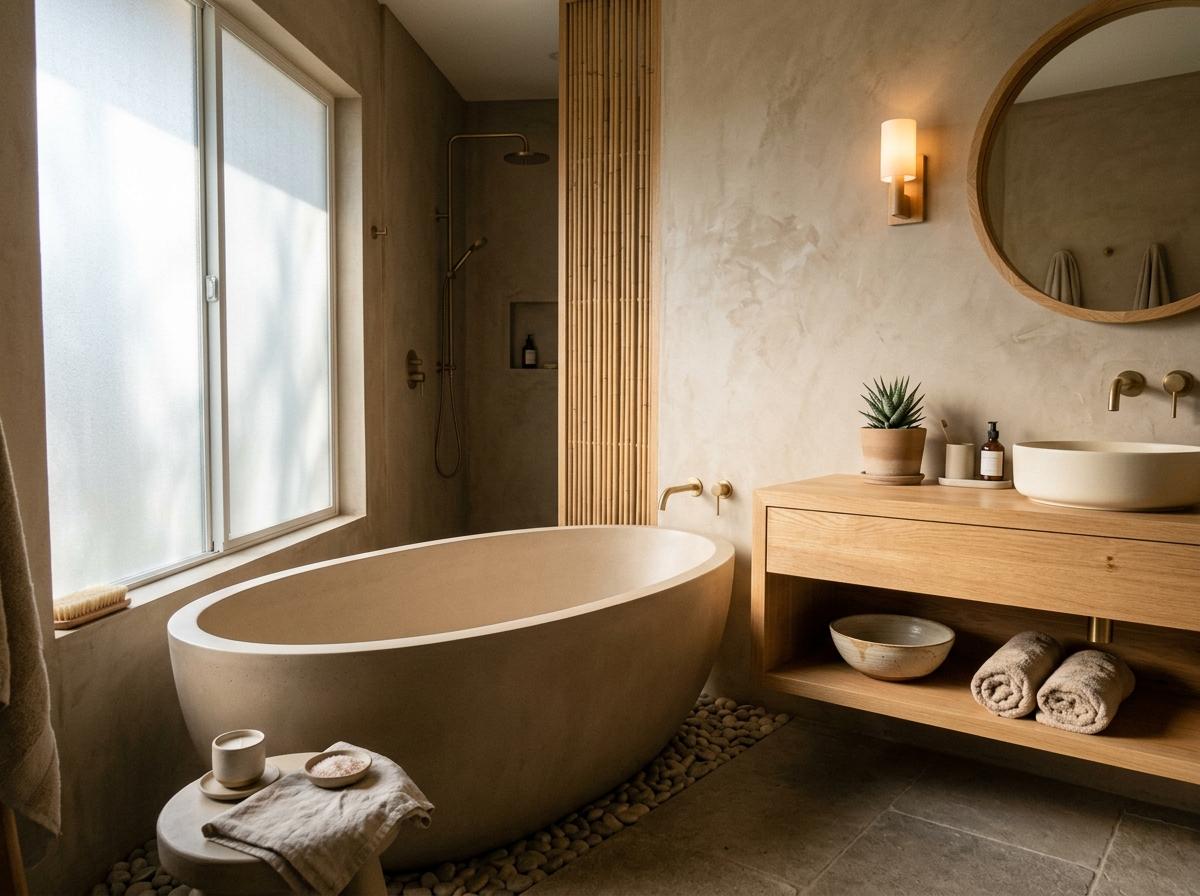 Soft Tones Blend In This Earth Tone Japandi Bathroom