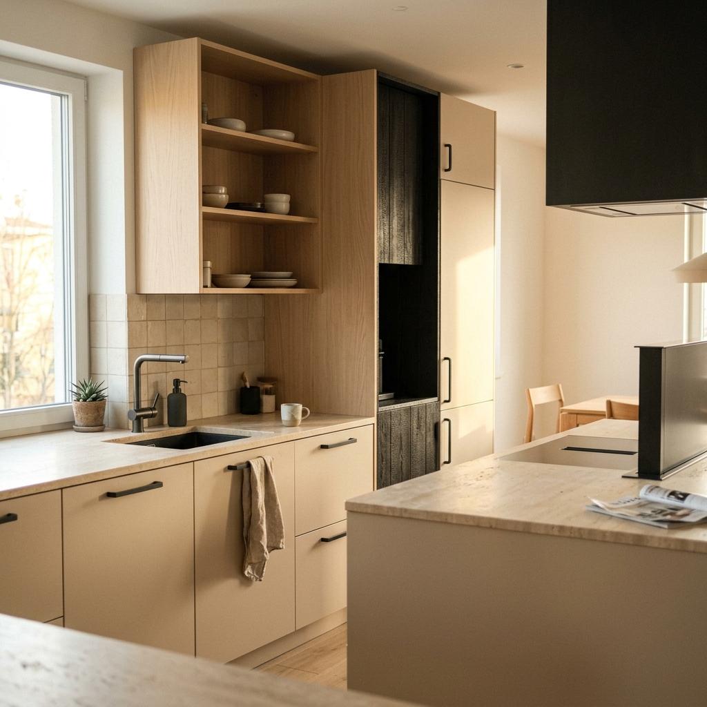 Sophisticated Beige And Charcoal Accents For A Japandi Kitchen