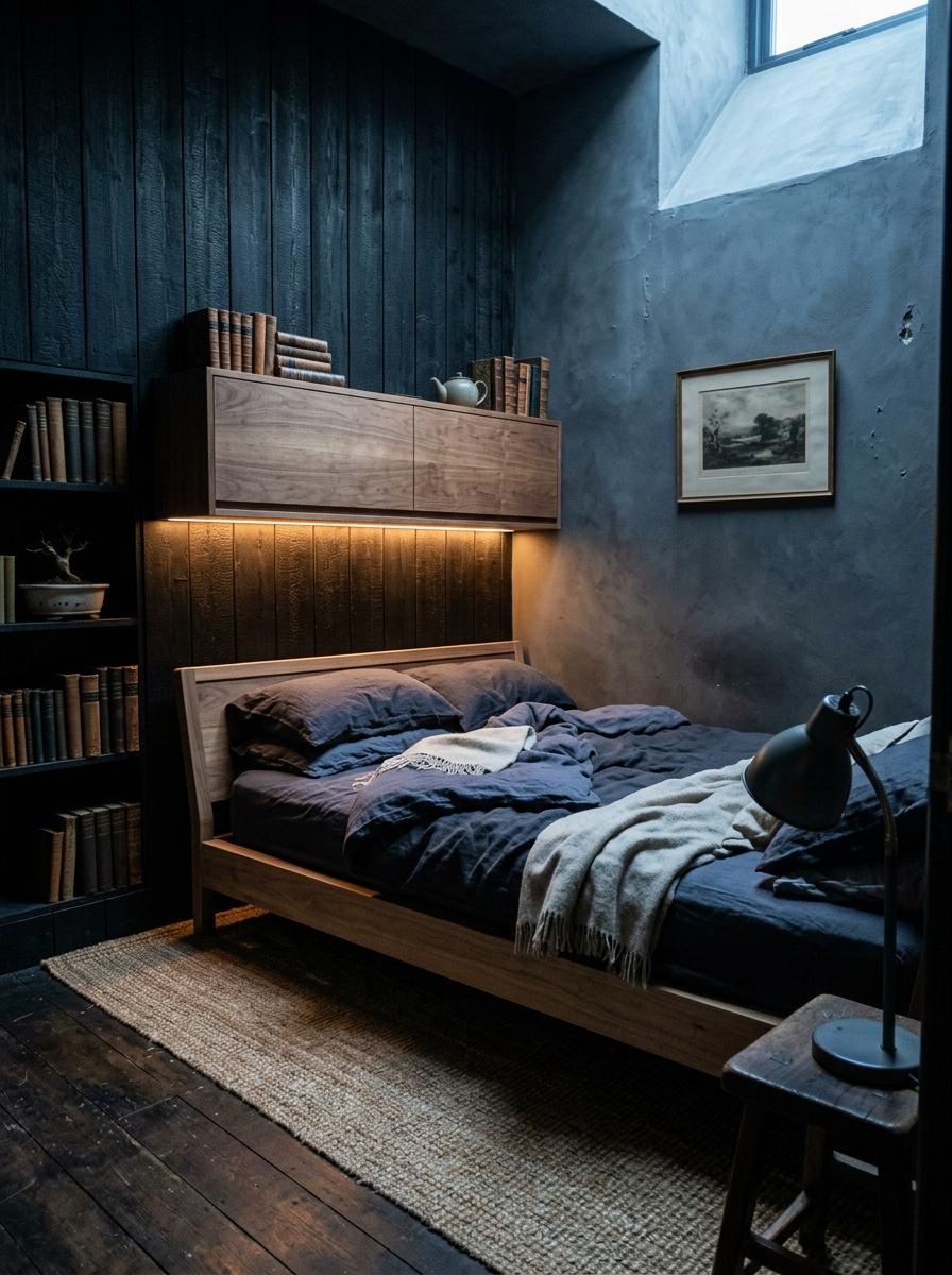 Sophisticated Dark Academy Bedroom With Japandi Style