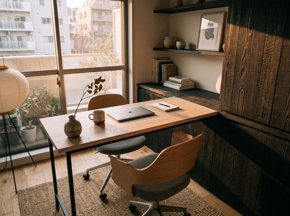 Sophisticated Details Elevate This Small Japandi Office