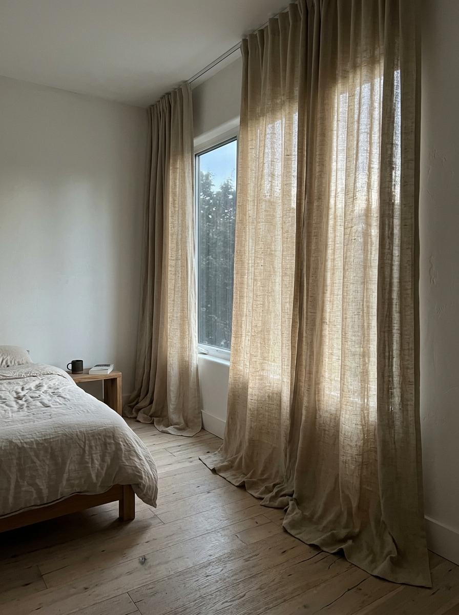 Sophisticated Drapes For A Quiet Japandi Bedroom Design