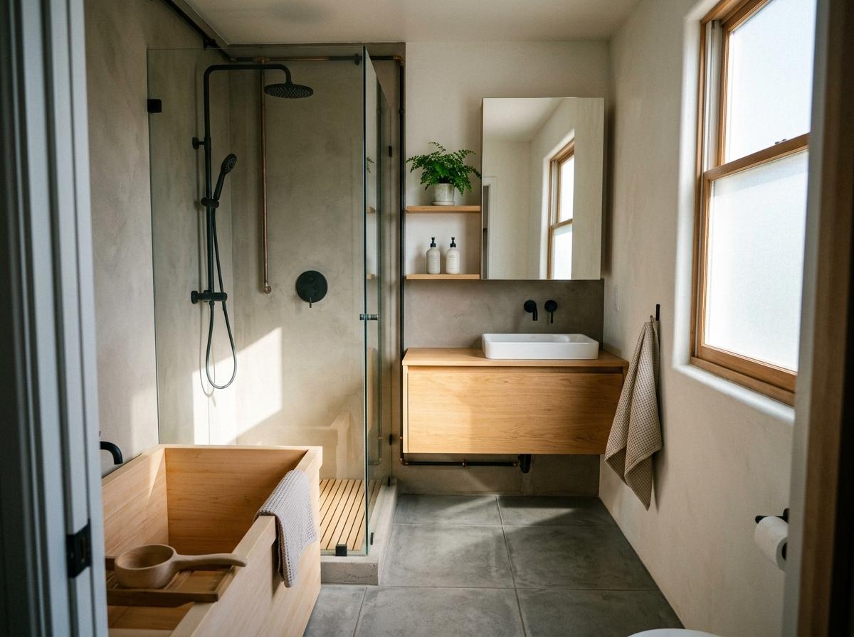 Sophisticated Functionality Within A Compact Japandi Master Bathroom