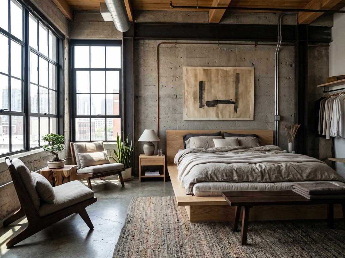 Sophisticated Industrial Bedroom Infused With Japandi Style