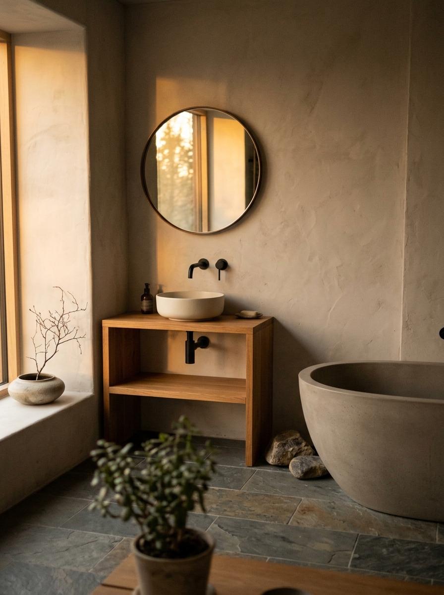 Sophisticated Living Features An Earth Tone Japandi Bathroom
