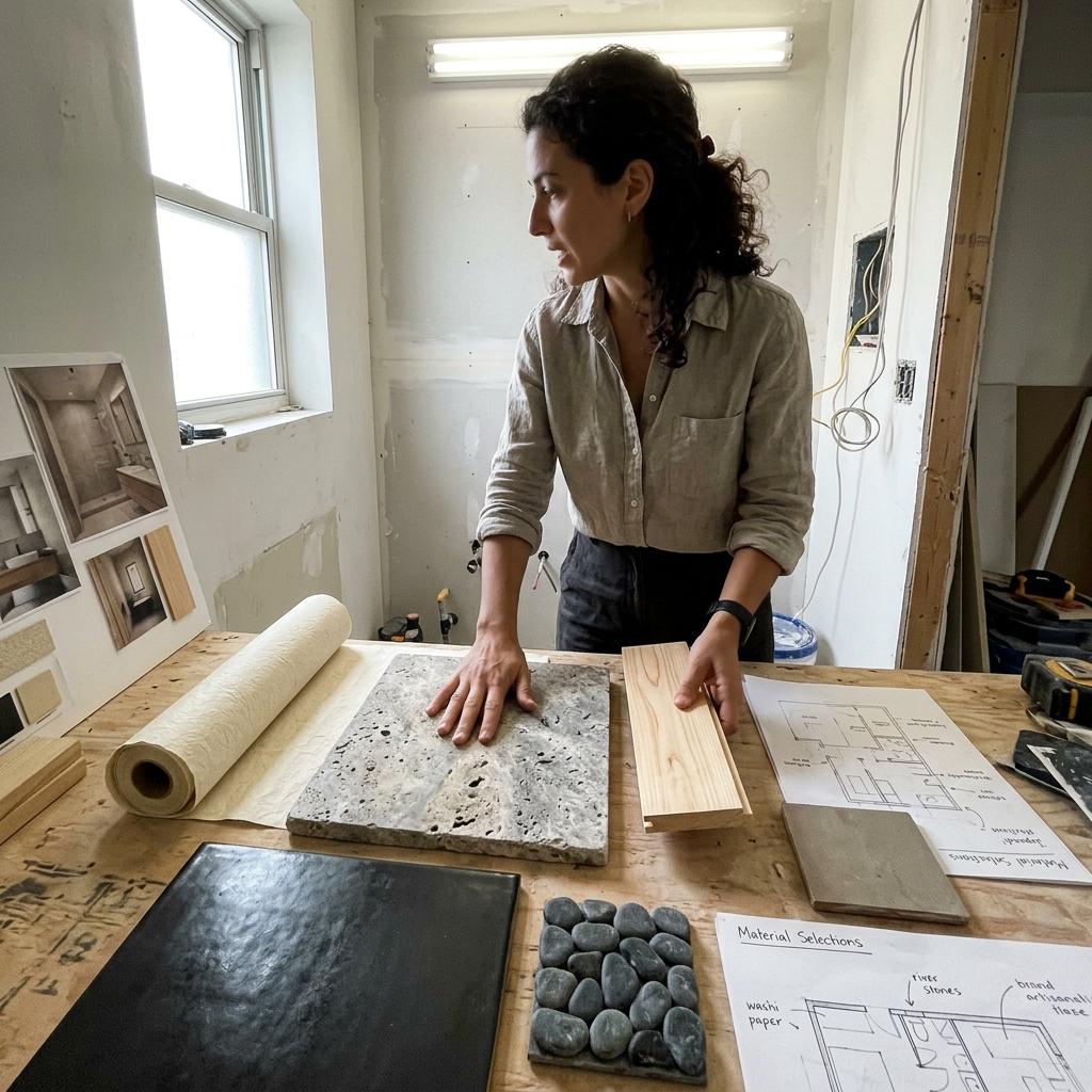 Sophisticated Material Selections For A Small Japandi Bathroom