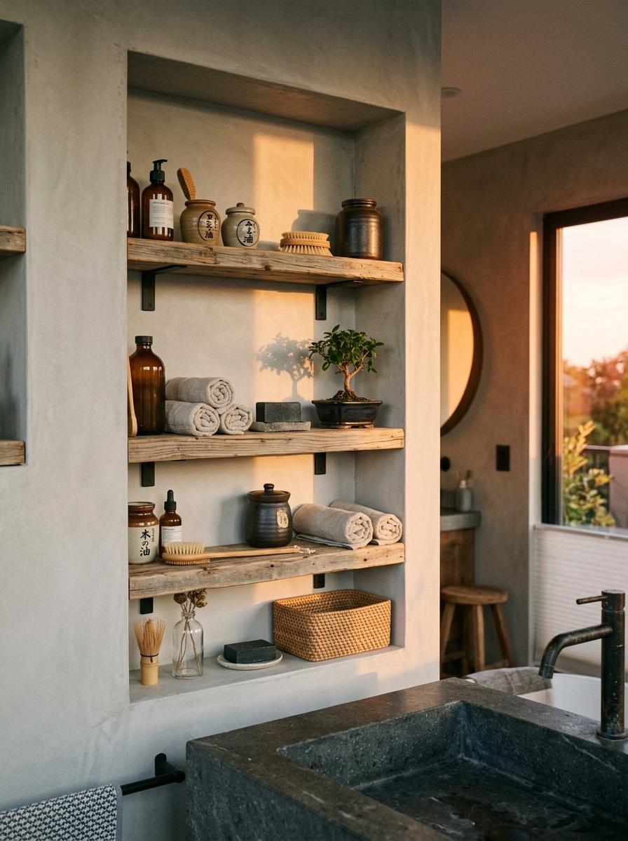 Sophisticated Open Shelving Concepts For Japandi Bathroom Storage Needs