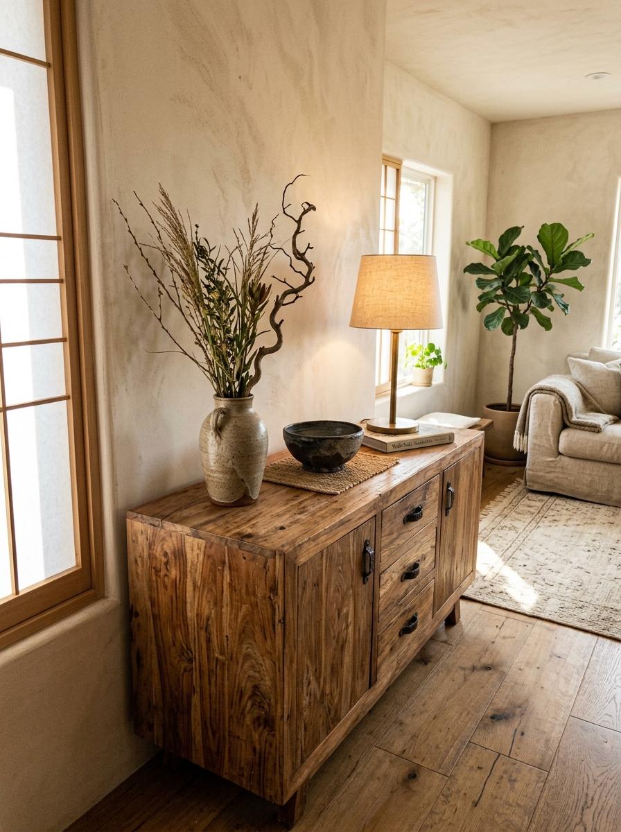 Sophisticated Organic Textures In Japandi Living Room Fixtures