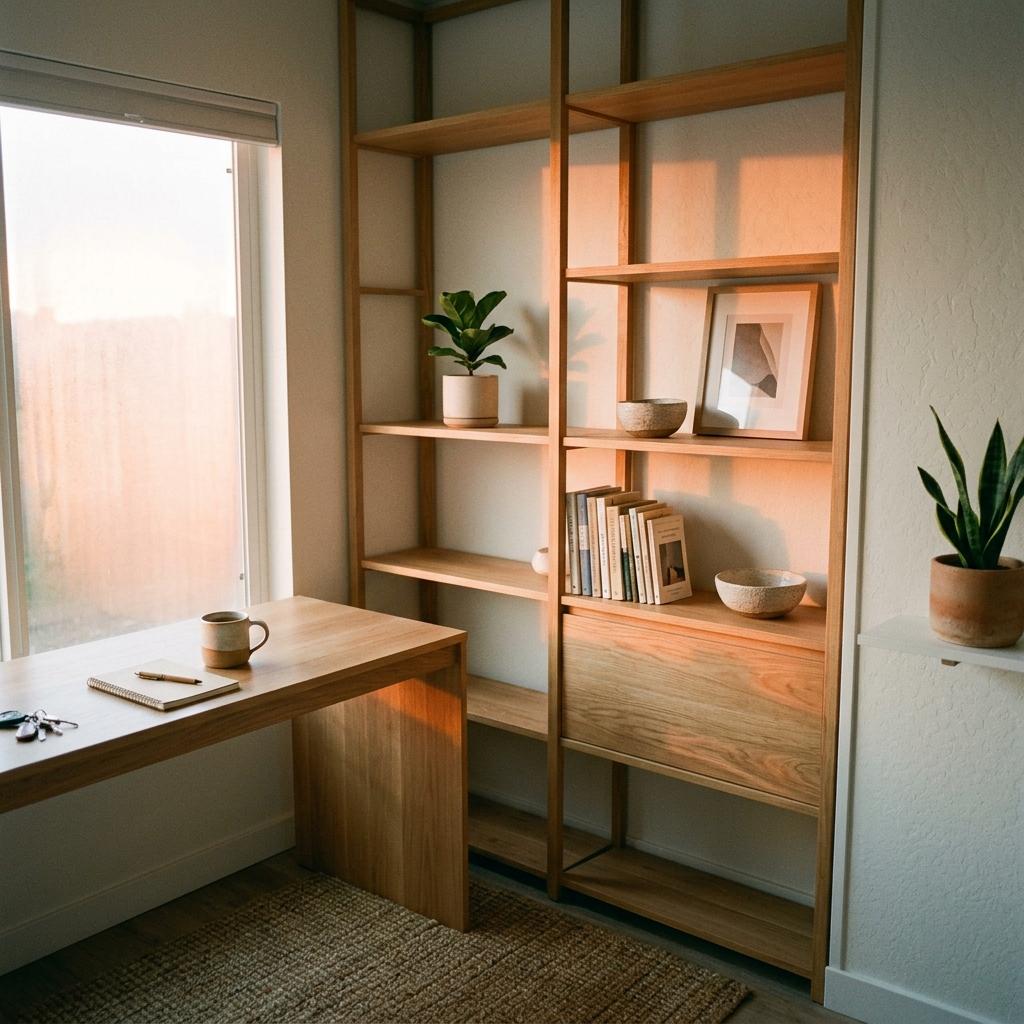 Sophisticated Shelving Concepts For A Minimalist Japandi Office